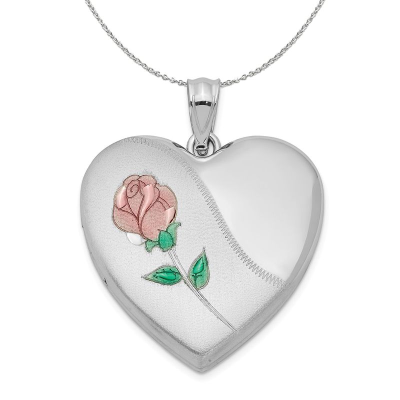 Sterling Silver And Enameled Rose Heart Locket, 24mm Necklace - 20 In